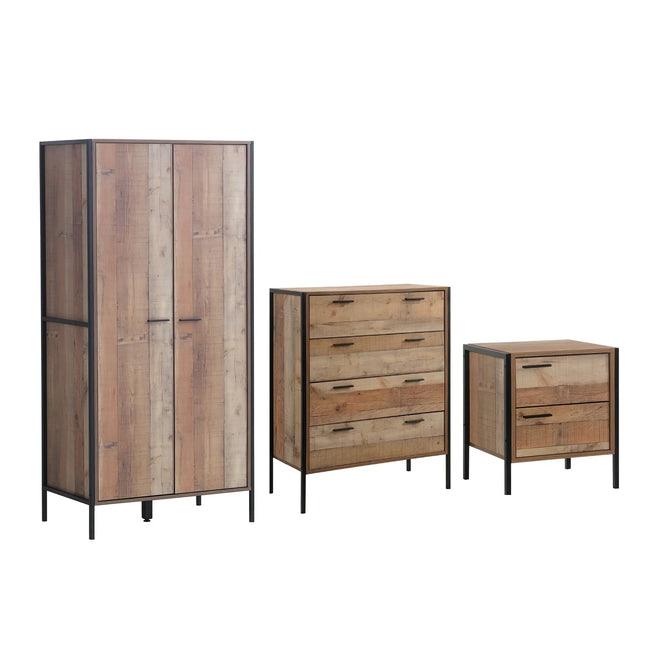 Stretton three-piece bedroom set with rustic oak finish and black metal frames