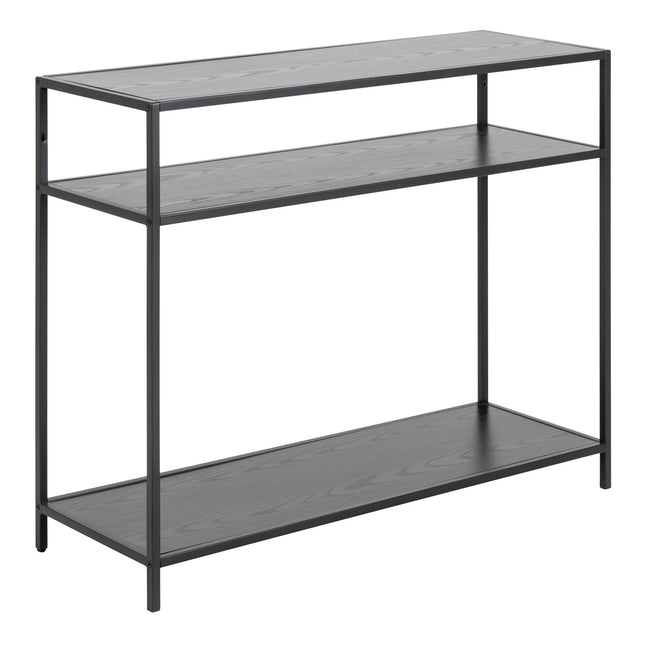 Seaford console table with two wood-effect shelves and slim black metal frame