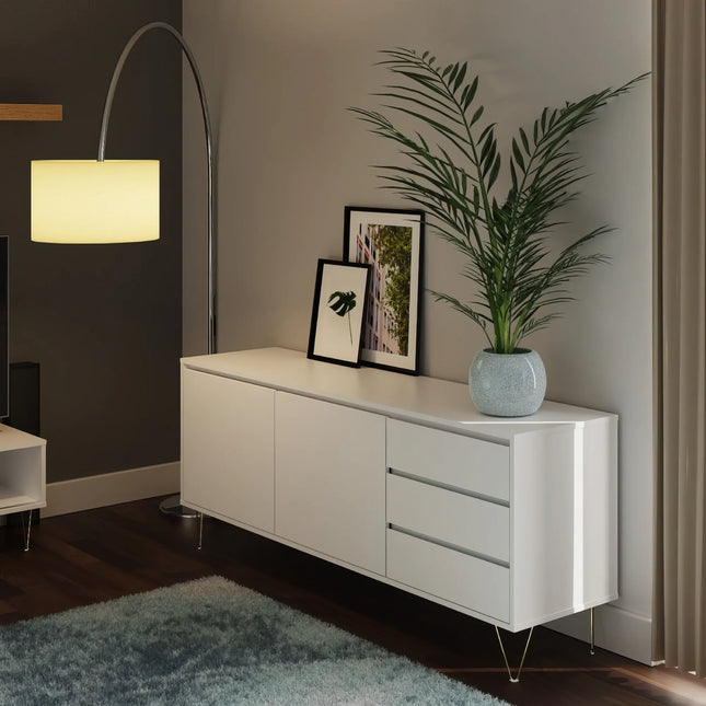 Monaco cabinet close-up of white 2-door 3-drawer front with slim recessed handles and gold hairpin legs