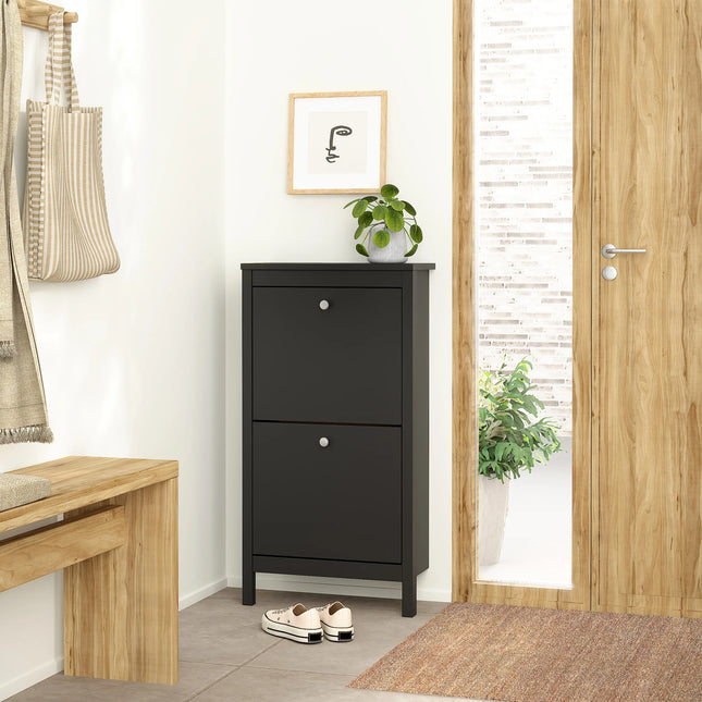 Madrid shoe cabinet in matte black with two flap drawers and round silver knobs
