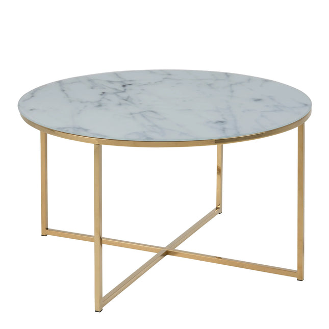 Alisma Round Coffee Table with White Crystal Marble Glass Top & Gold Legs