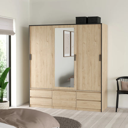 Line - Wardrobe with 3 Sliding Doors, Drawers and Mirror