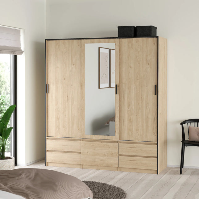 Line - Wardrobe with 3 Sliding Doors, Drawers and Mirror