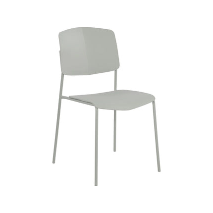Aspen dining chair close-up of pale grey plastic backrest and slim metal legs