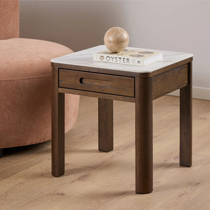 Southampton Square Side Table 1 Drawer Cream Ceramic Marble Top
