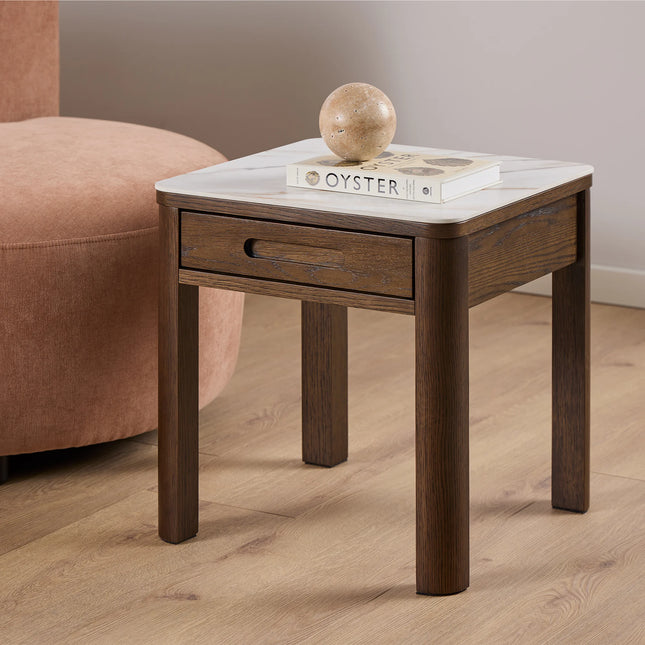 Southampton Square Side Table 1 Drawer Cream Ceramic Marble Top