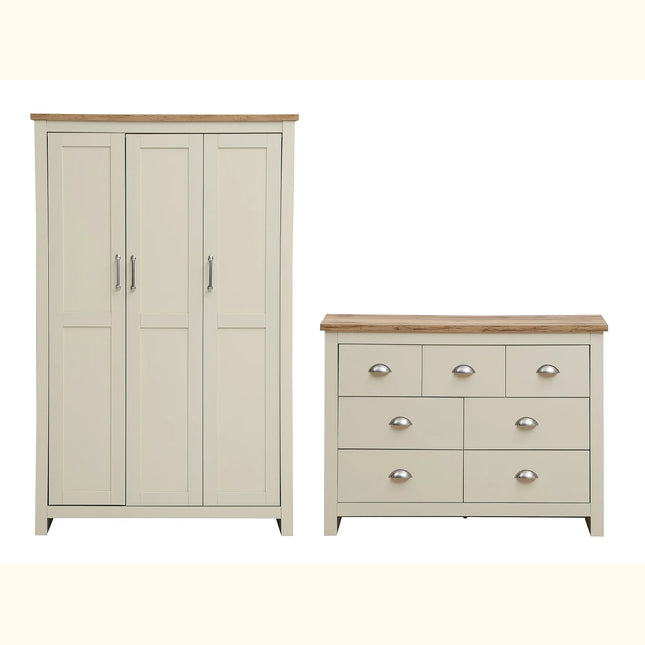 Lisbon 2-piece set with 3-door painted wardrobe and 7-drawer chest, oak-effect tops and silver handles