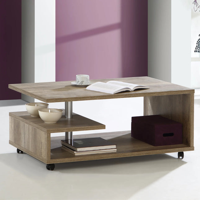Bailey coffee table lower shelf detail with oak-effect finish, castor wheels and storage cubby