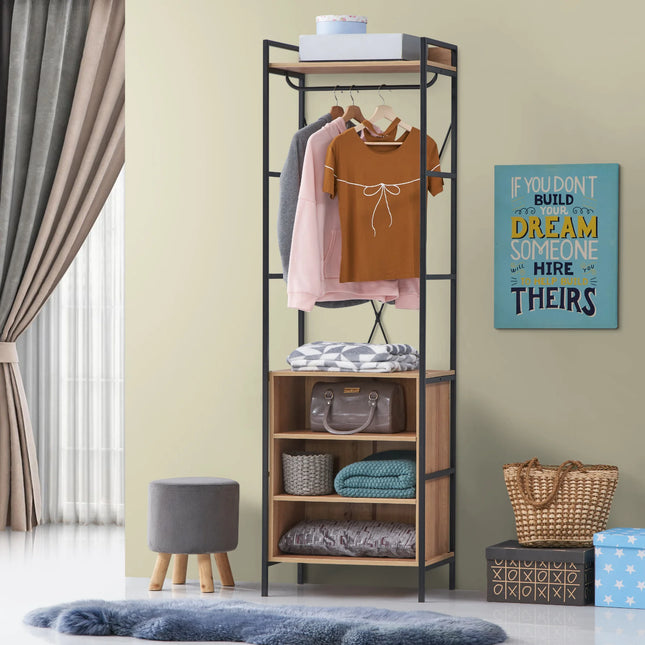 Top half of Claire wardrobe in Riviera oak with metal frame, hanging rail and folded blankets on shelf