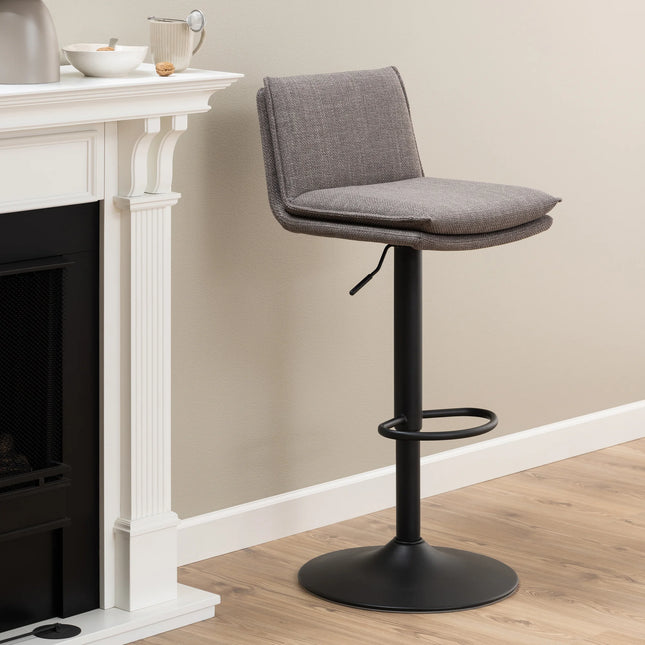 Flynn swivel bar stool black matte pedestal base with circular footrest and grey upholstered seat