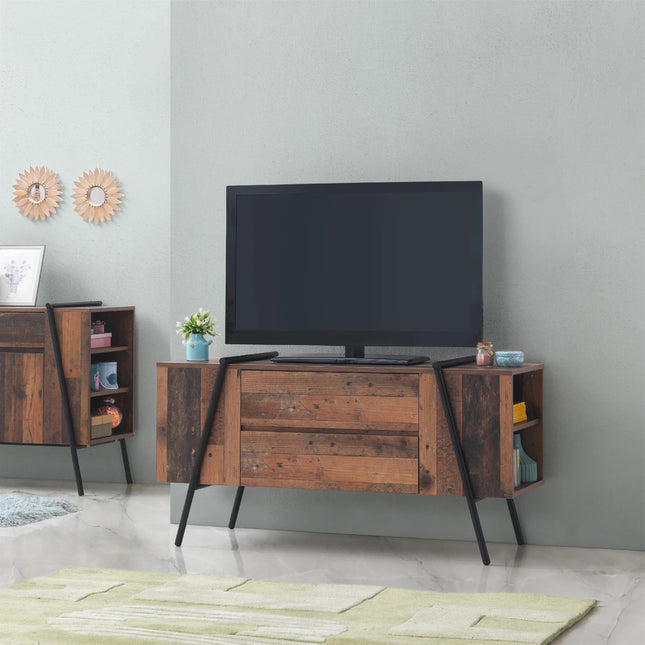 Abbey TV unit in reclaimed wood finish with two front drawers and black angled metal legs