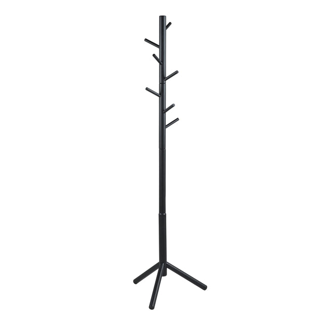 Bremen freestanding coat stand in matte black metal with multiple angled hooks and tripod base
