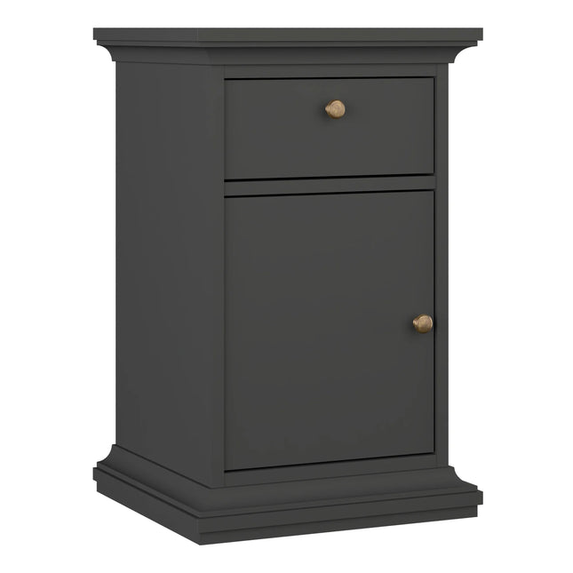 Paris nightstand in charcoal with single door, drawer and brass round knob