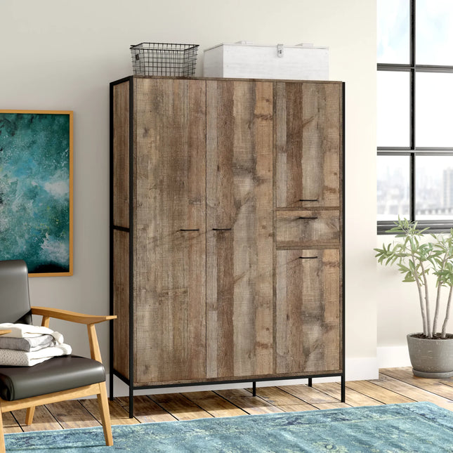 Stretton wardrobe in rustic oak finish with black metal frame and slim black handles