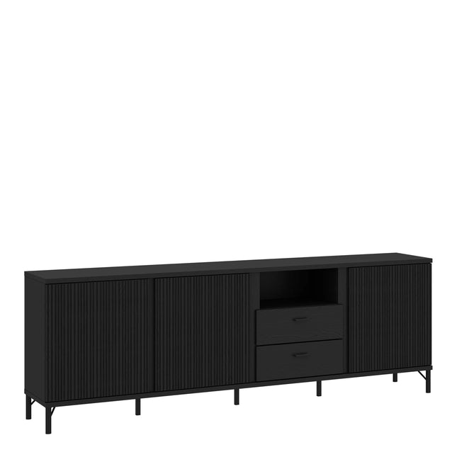 Avenale TV unit in matte black with fluted door panels, central drawers and slim metal legs
