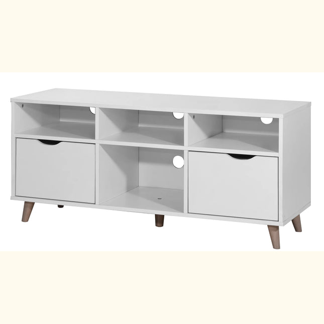Pulford TV unit in white with two lower drawers, open cubby shelves and round cable cut-outs
