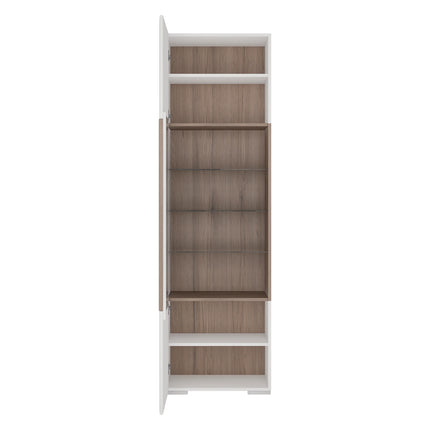 Toronto - Tall Narrow Glazed display cabinet with internal shelves (inc. Plexi Lighting) In White and Oak