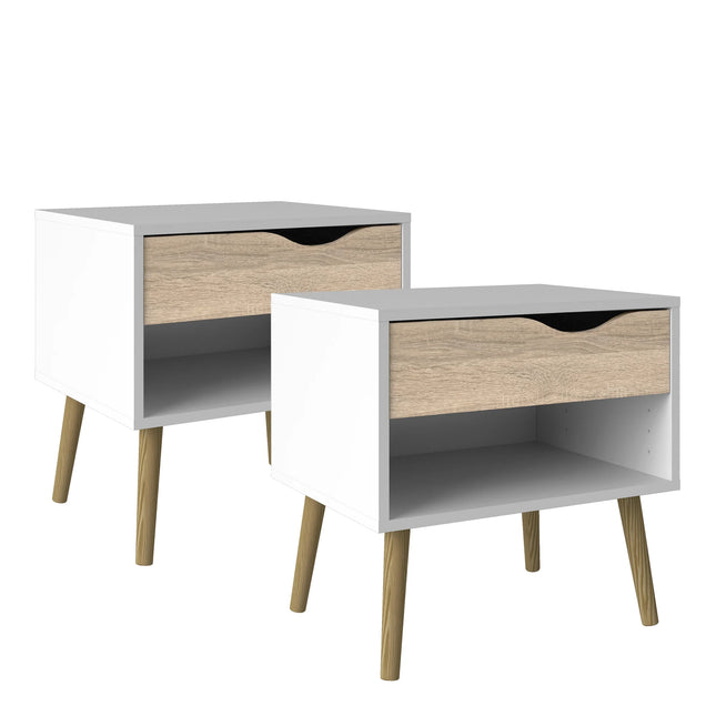 Oslo - Bedside 1 Drawer in White and Oak (Pack of 2)