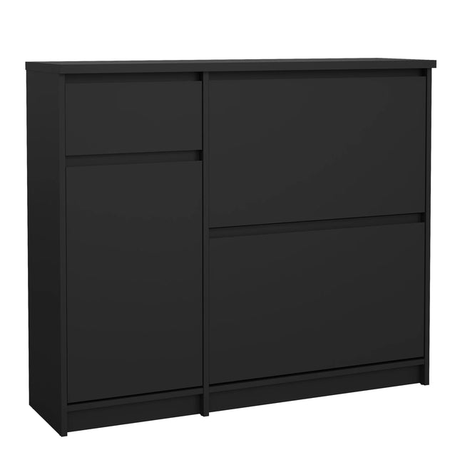 Naia shoe cabinet in matte black with two tilt-out shoe compartments and flat top