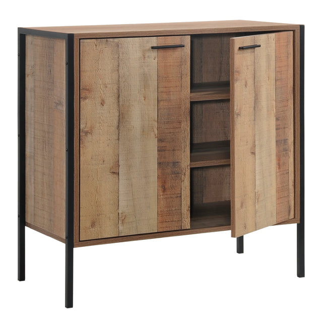 Stretton sideboard in rustic oak with two doors, black metal frame and slim handles