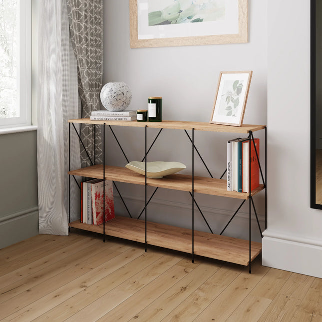 Leyo shelving unit close-up of oak-effect shelves with black metal cross-frame supports