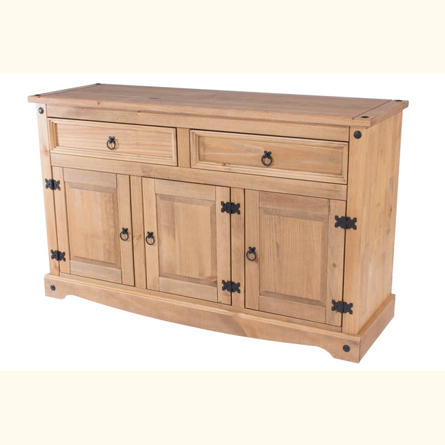 Corona Traditional Pine sideboard with two drawers, four paneled doors and black metal ring handles