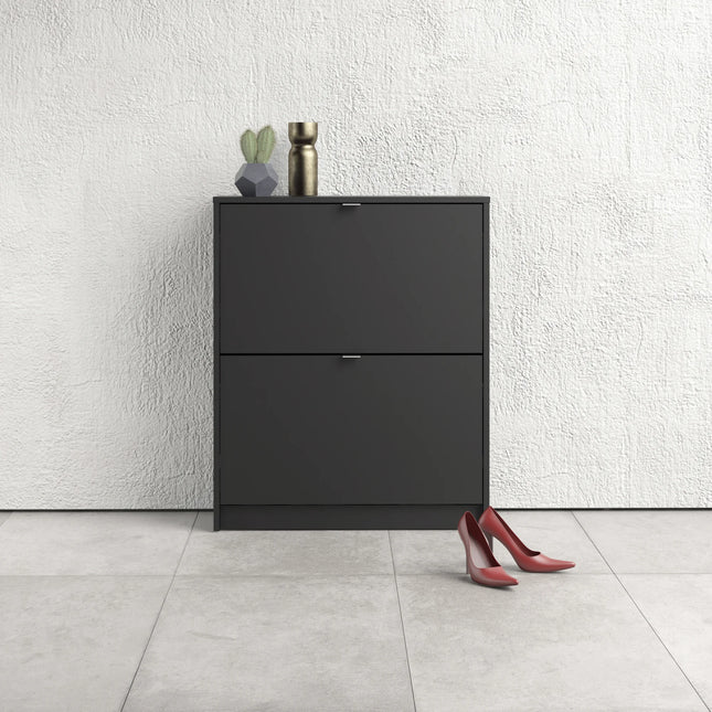 Top section of dark grey two-door shoe cabinet with slim metal handles and decorative vase and plant