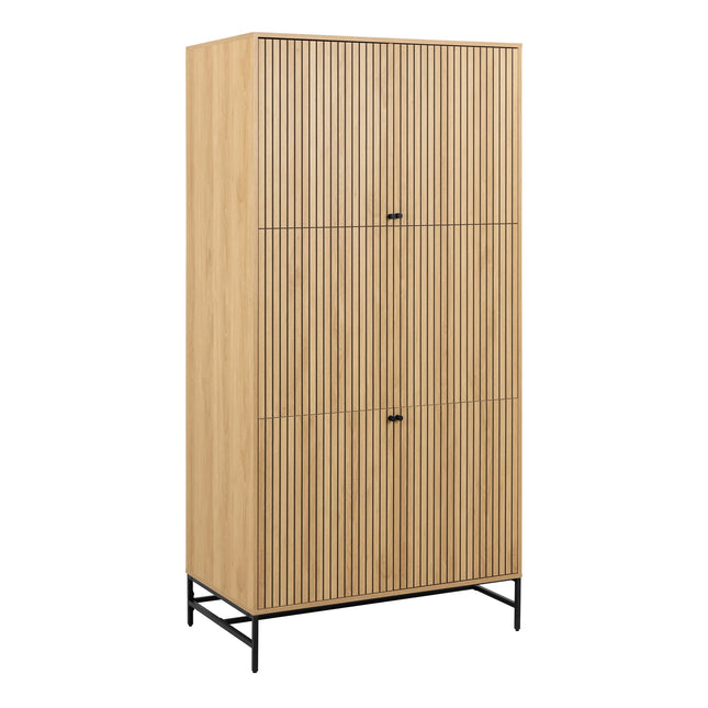 Albany wardrobe tall oak finish with vertical slat doors and black metal base