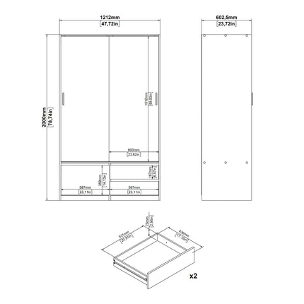 Line - Wardrobe with 2 Sliding Doors, Drawers and Mirror