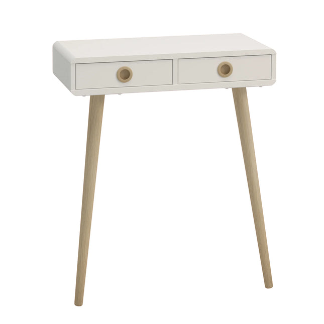 Softline low hall table in matte cream with round recessed wooden drawer handles and tapered oak legs