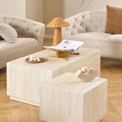 Dice Square and Rectangular Travertine Coffee Table Set of 2