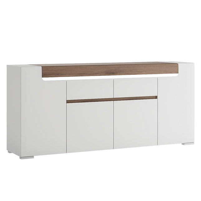 Toronto - Wide 4 Door 2 Drawer Sideboard (inc. Plexi Lighting) In White and Oak