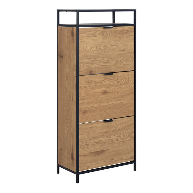 Seaford shoe cabinet in oak-effect panels with slim black metal frame and three drop-fronts