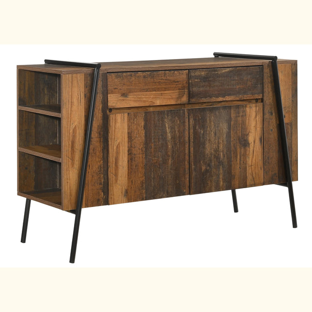 Abbey sideboard with reclaimed-look wood finish, two doors, two top drawers and black metal legs