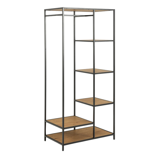 Seaford freestanding clothes rack with black metal frame and five oak-effect shelves