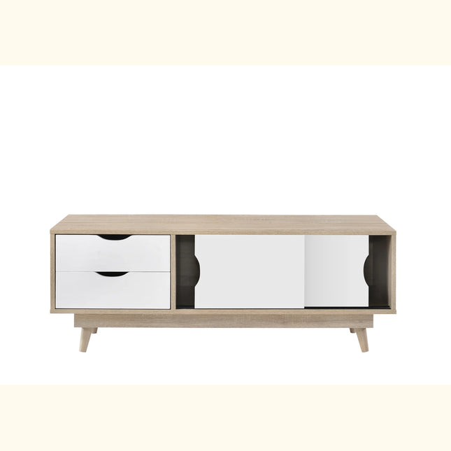 Alford TV unit close-up of oak-effect top, white drawers and curved cut-out handles