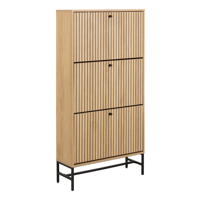 Wooden cabinet with vertical slats and black metal legs on a white background