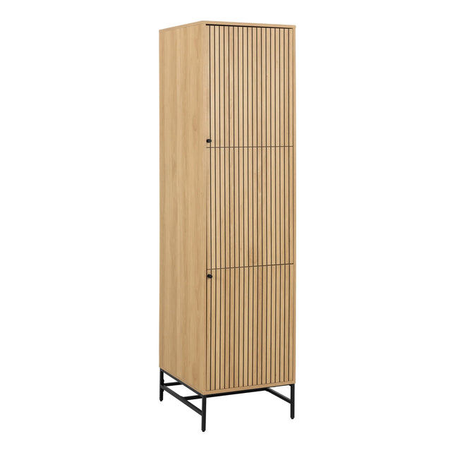 Albany wardrobe with vertical slatted oak-effect doors and black metal base