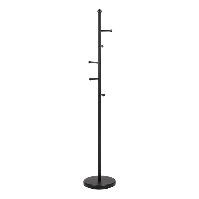 Aspen coat rack with black powder-coated finish and round base, six staggered pegs