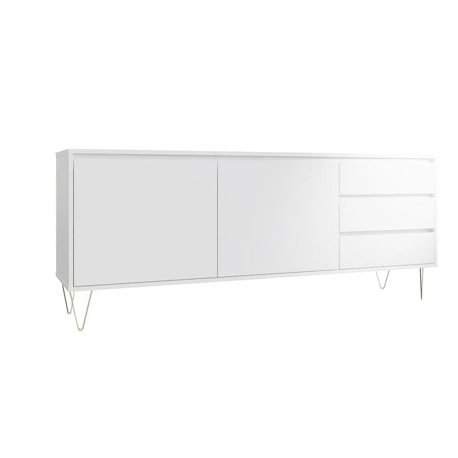 Monaco cabinet in white with two doors, three drawers and slim metal hairpin legs