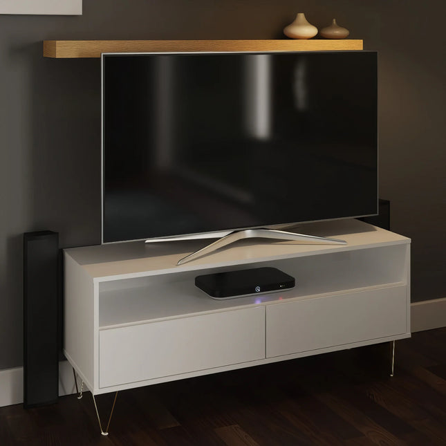Monaco tv unit white with open shelf, two drawers and gold tapered hairpin legs