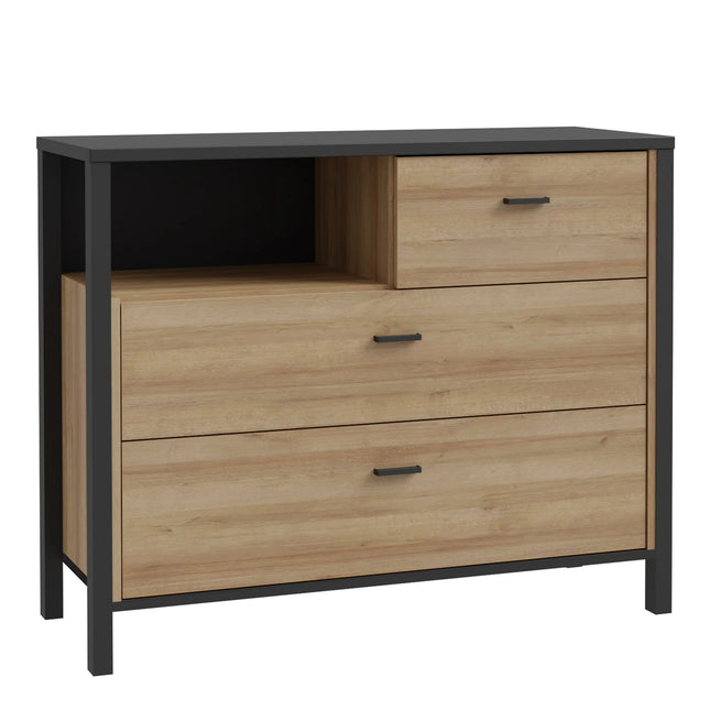 High Rock Chest of 3 Drawers in Matt Black and Riviera Oak