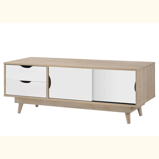 Alford TV unit with oak-effect frame, white drawer and sliding door panels, angled wooden legs