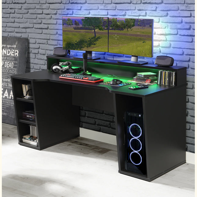 Tezaur black gaming desk close-up of right pedestal with three circular RGB fan display and open side shelving