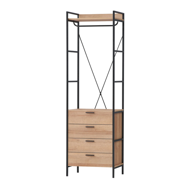 Claire wardrobe in Riviera oak with black metal frame, top shelf and four drawers