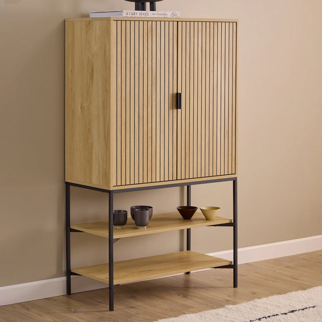 Jaipur cabinet oak lamella two-door front with slim black vertical handle and metal frame below