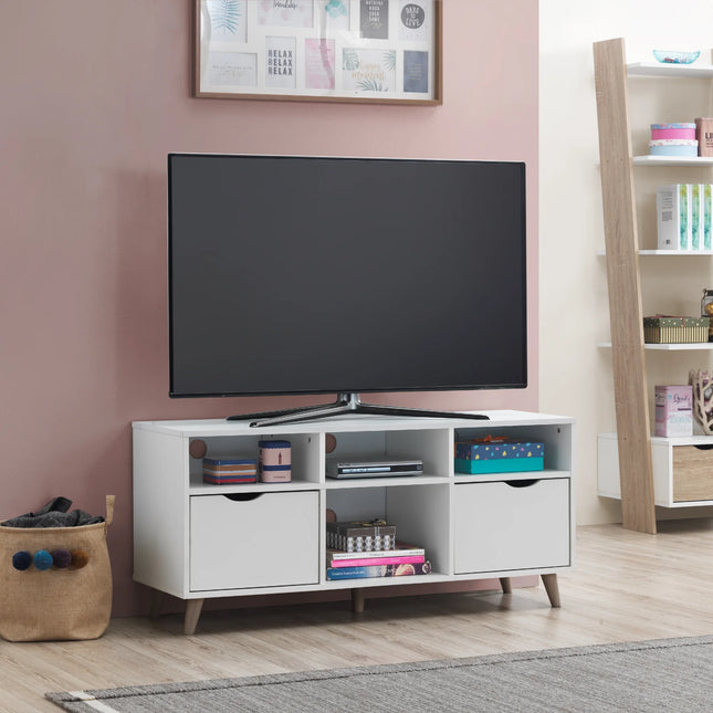 Pulford TV unit corner with two drawers, open cubbies and angled wooden legs