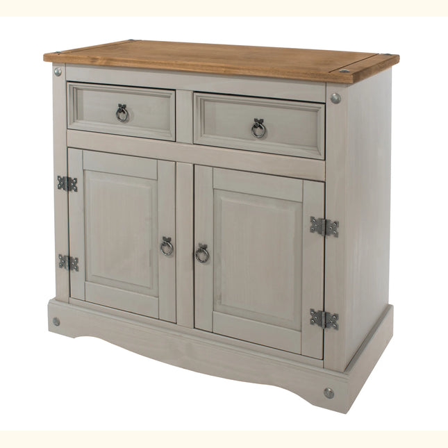 Close-up of Corona sideboard top and upper doors with light grey painted body, natural pine top and metal ring handles