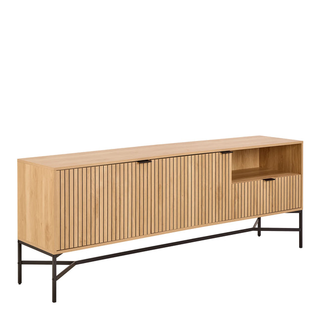 Jaipur sideboard in oak with vertical slatted doors, open shelf and black metal legs