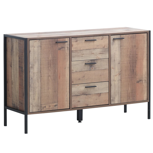 Stretton sideboard in rustic oak-effect panels with black metal frame and handles